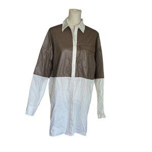 Mulla  Size M  Two Tone Leather  Shirt Dress Button Down Cotton Long Sleeve